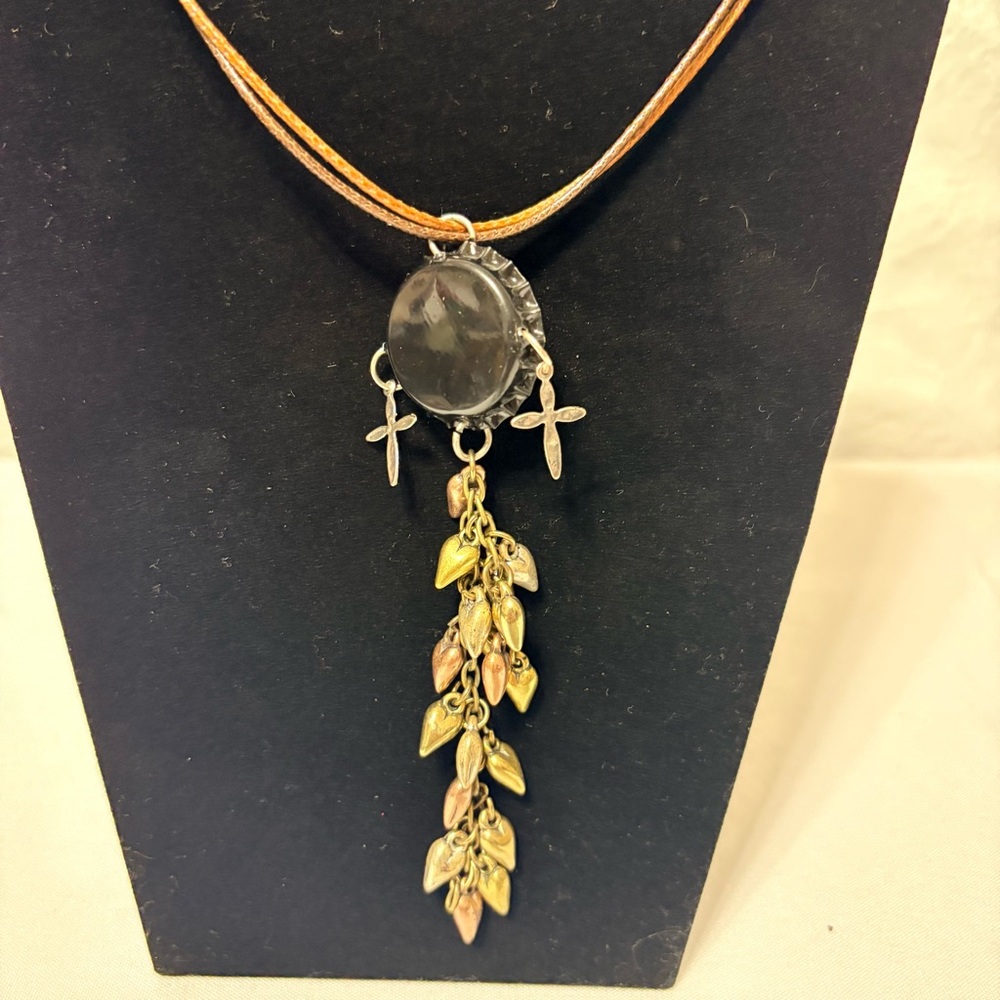 Handmade metal and leather sunflower necklace with multiple dangling charms - Picture 4 of 5